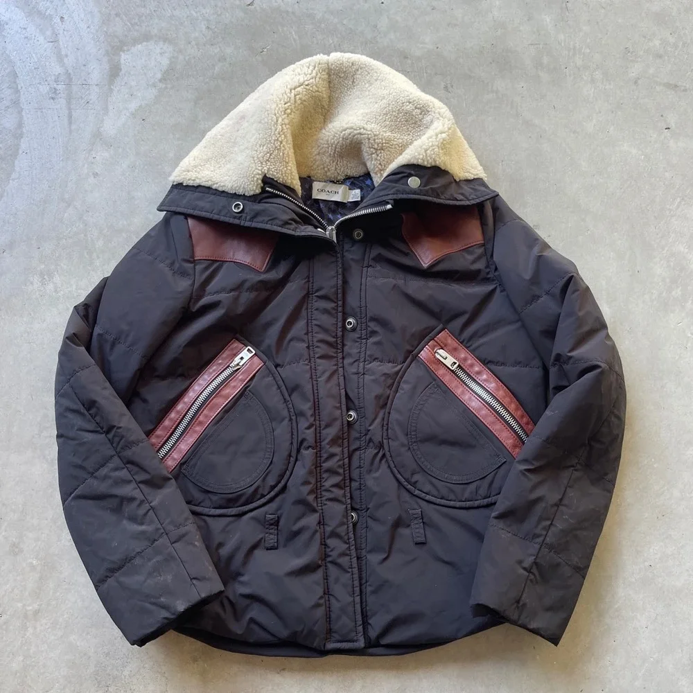 Coach 1941 Women Black Puffer Jacket Shearling Leather Yoke Star Lining 6 26720